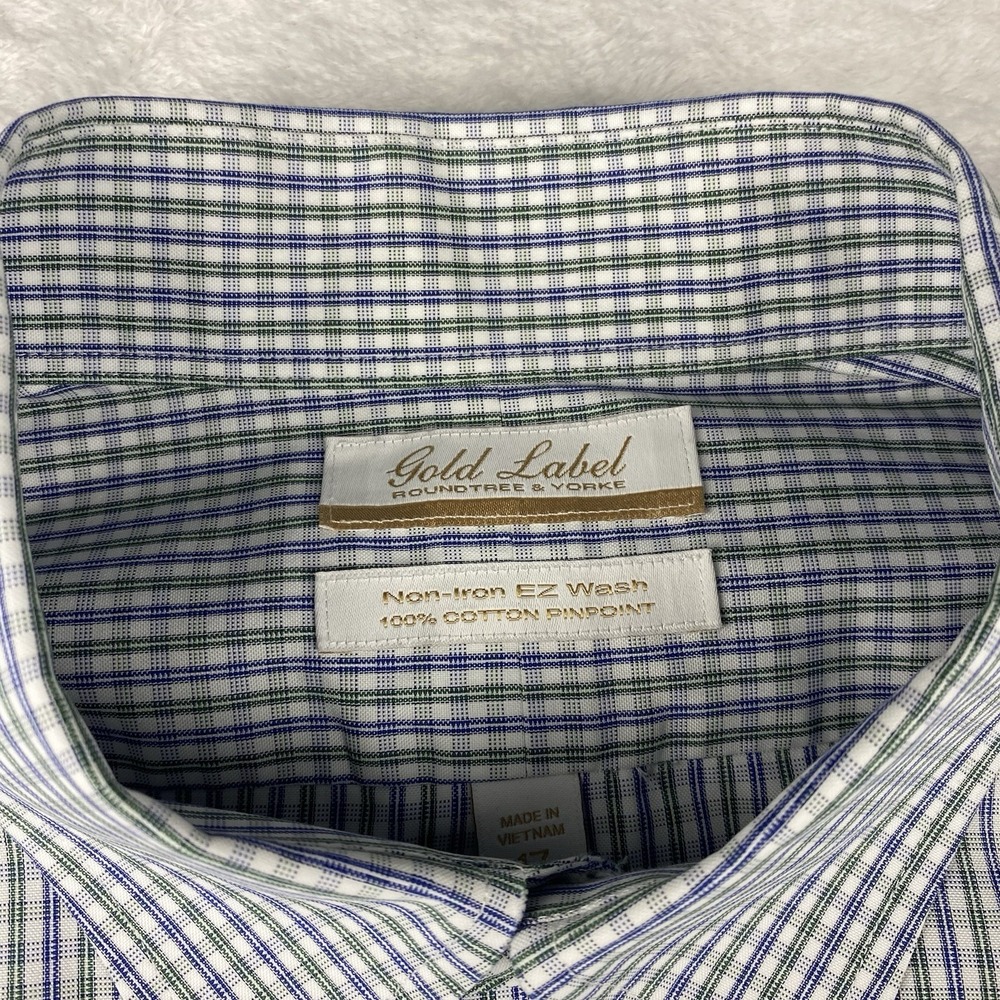 Roundtree & Yorke Gold Label Dress Shirt Mens 17-35 Blue-Green Checks No Iron - Picture 2 of 7